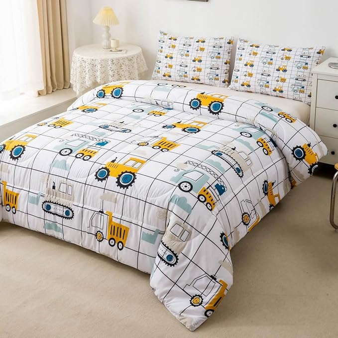 Feelyou Construction Truck Comforter Set Full Size Kids Machinery Truck Excavators Vehicles Comforter for Boys Teens Cartoon Tractor Bedding Set Excavator Tractor Plaid Grid White Duvet Set Quilt Set