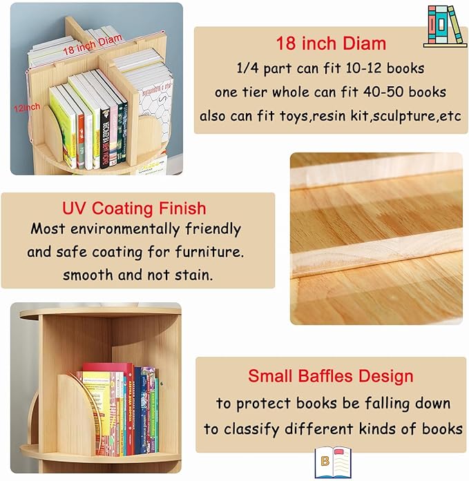Gdrasuya10 3 Tier Rotating Bookshelf with Legs, Revolving Bookcase Standing Small Bookshelf Storage Wood Bookcase 360 Display Book Shelf Easy Assemble for Bedroom Study Room