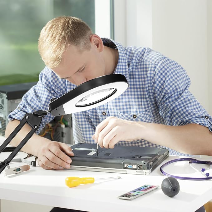 Magnifying Glass with Light and Stand & Clamp, Magnifying Desk Lamp with LED Lighted 5X Magnifier, Dual Fixtures, Upgraded Switch, for Hobby Craft Repair Reading Precision Work