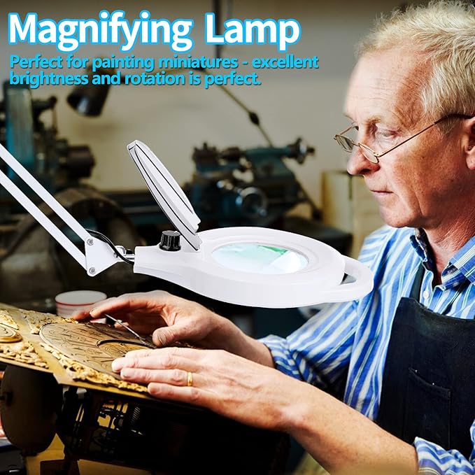 10X Magnifying Lamp with Clamp, 2200 LM Super Bright and Stepless Dimming Magnifying Glass with Light, Real Glass Lens Lighted Magnifier Lamp for Close Work, Crafts, Reading, Repair -White