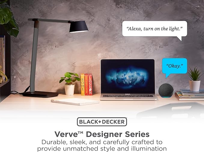 BLACK+DECKER Verve Designer Smart Desk Lamp, Works with Alexa, Auto-Circadian Mode, True White LED + 16M RGB Colors, USB Charging Port,
