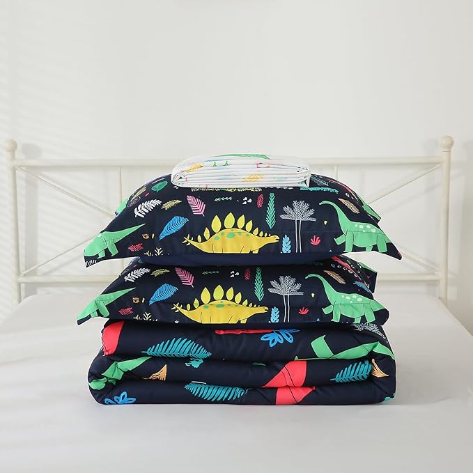7 Piece Dinosaur Bedding Set Queen Size for Kids Boys Teens Cartoon Blue Dino Comforter Set with Sheet Colorful 3D Print Bed in a Bag