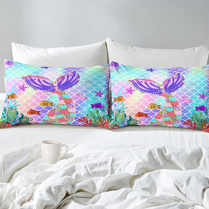 Mermaid Tail Comforter Set Queen Size, 3Pcs Rainbow Mermaid Fish Scales Bedding Set, Microfiber Kids Bedding Glitter Mermaid Tail Pattern Decor for Girls Bedroom1 Comforter 2 Pillowcase