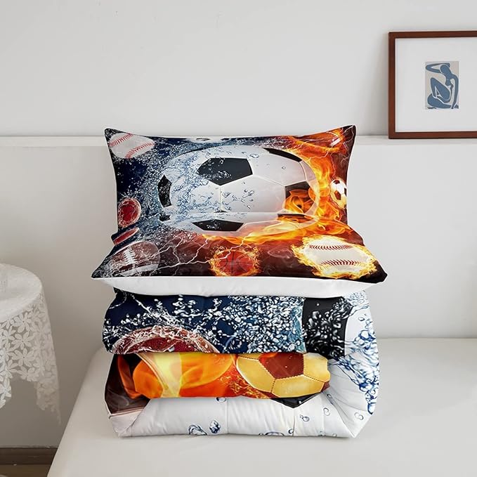 Erosebridal Boys Soccer Bedding Set Football Sports Full Comforter Set for Kids Teens Youth Bedroom Decor Lightning Baseball Quilt Duvet Water Fire Basketball Comforter with 2 Pillow Cases Red Blue