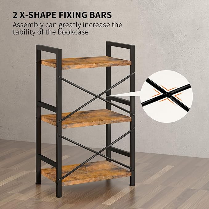 Bookshelf, 3 Tier Industrial Bookcase, Metal Small Bookcase, Rustic Etagere Book Shelf Storage Organizer for Living Room, Bedroom, and Home Office(Rustic Brown) Patent Pending D29873033