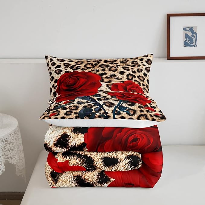 Rose Flower Comforter Set for Teens Adult Women Wedding Gift, Leopard Print Bedding Set Full Size, Valentine's Day Cheetah Duvet Sets Leopard Animal Skin Down Comforter for Bedroom Decor, Brown