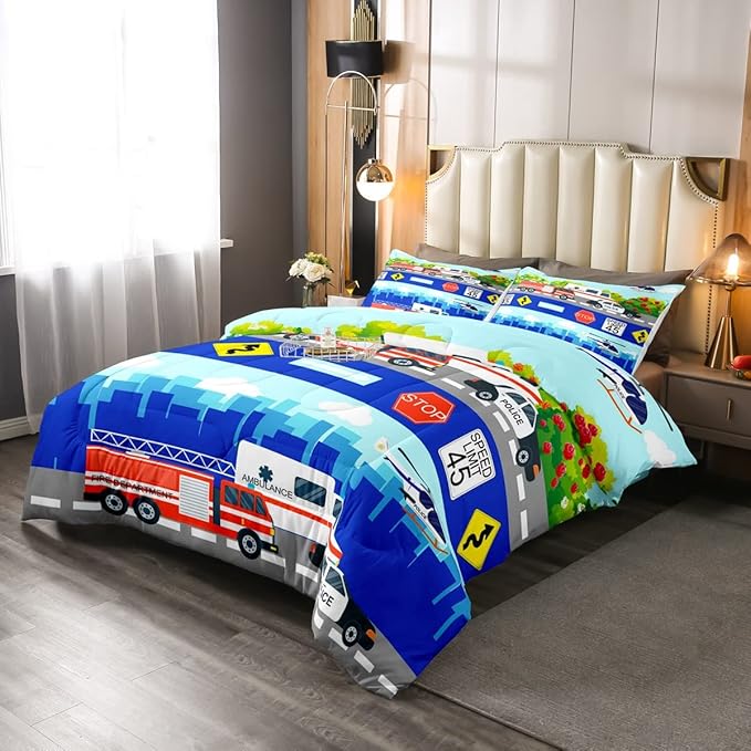 Kids Fire Trucks Car Comforter Set Queen Size Cartoon Police Car Down Comforter Airplane Rescue Vehicles Beding Set Boys Girls Car Room Decor Soft Lightweight Duvet Set, Colorful Comforter