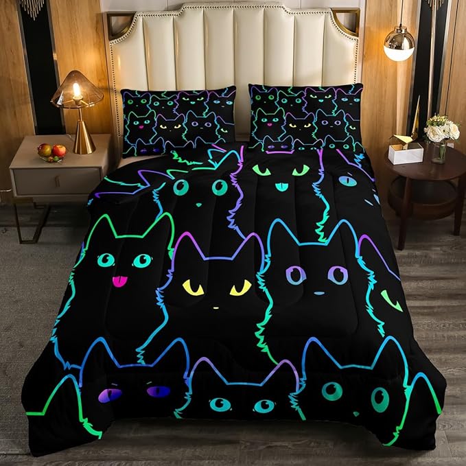 Erosebridal Full Size Bedding Set for Girls Cartoon Cat Comforter Set,Gradient Line Cute Cat Bed Sets for Kids Boys Girls Women Room Decor,Lovely Animal Kitten Print Comforter Soft,Rainbow Black
