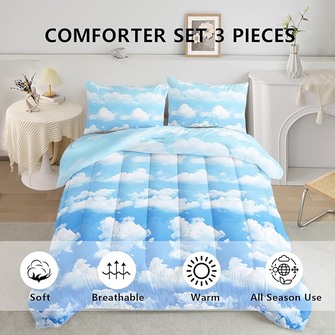 Axolotl Blue Cloud Comforter Set Queen,Light Blue Bedding Set,Cloud Sky Comforter Set Blue Sky and White Clouds Design Bedding Set,Sky Blue Comforter for Kids Girls Boys Teens,1 Quilt 2 Pillowcases