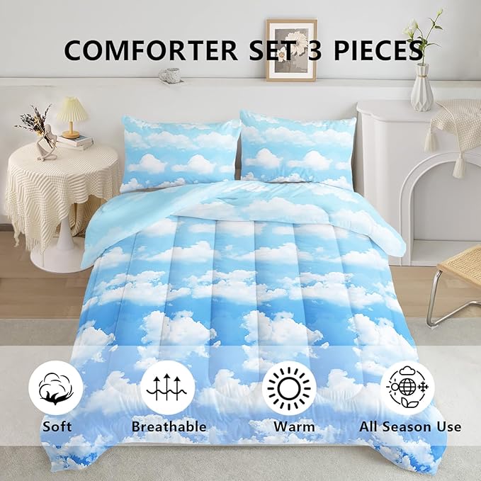 Axolotl Blue Cloud Comforter Set Twin,Light Blue Bedding Set,Cloud Sky Comforter Set Blue Sky and White Clouds Design Bedding Set,Sky Blue Comforter for Kids Girls Boys Teens,1 Quilt 2 Pillowcases