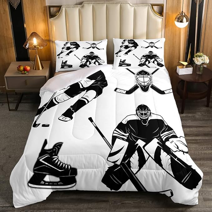 Erosebridal Ice Hockey Comforter Set, Ice Hockey Player Bedding Set Twin, Winter Sports Game Duvet Set, Black White Quilt Set Cartoon Bedding Comforters for Kids Child Boys Teens Gift