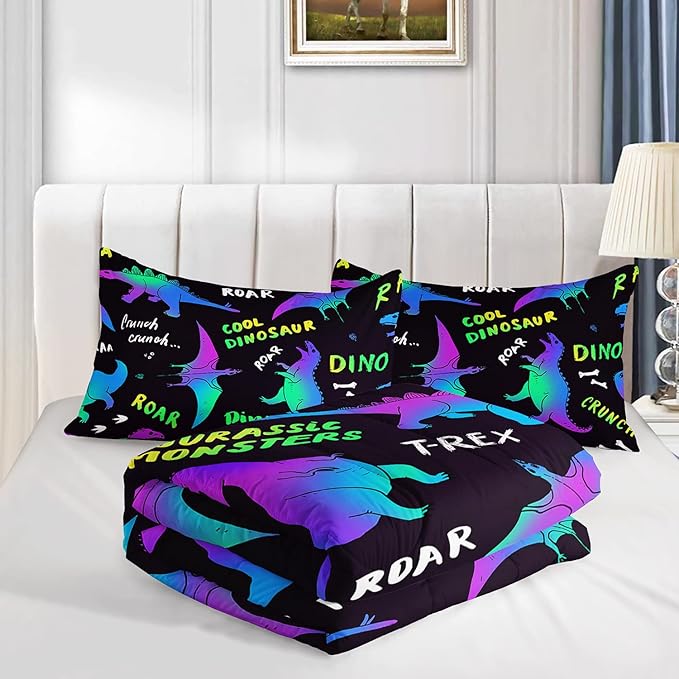 Axolotl Cartoon Dinosaur Bedding Set,Full Size Kids Bed Set,Gradient Dinosaur Comforter Set,1 Quilt with 2 Pillowcases for Boys Girls Kids Teens Children Adults Room Decor All Season,Black