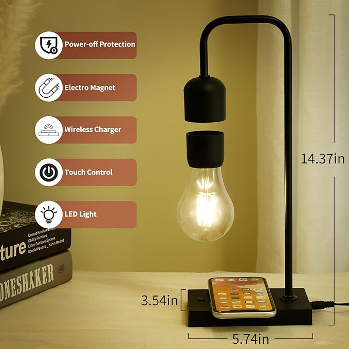 Floating Lamp with Wireless Phone Charger & LED Light Bulb Floating in The Air Freely Unique Magnetic Levitating Cloud Desk Lamp Home Decor & Gift for Friends Families