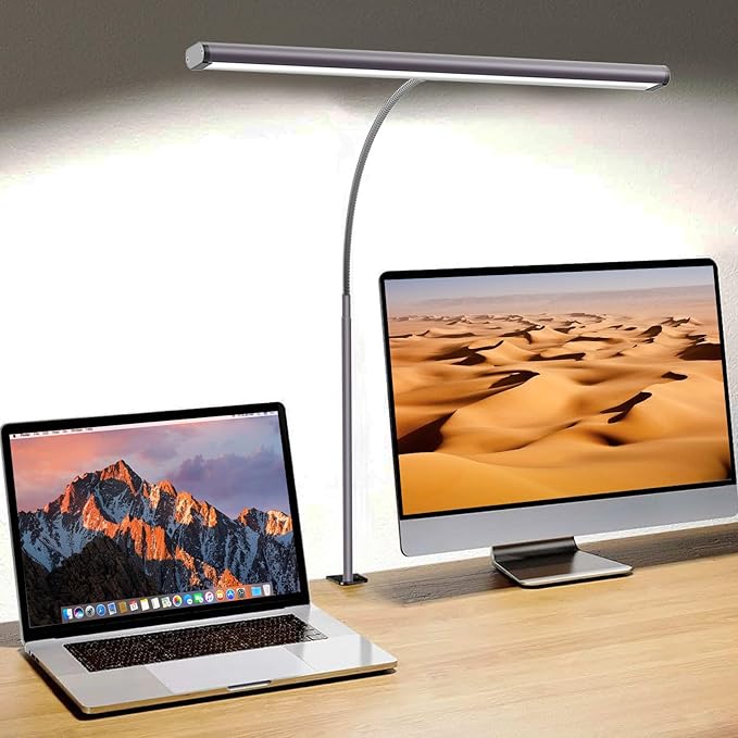 LED Desk Lamp for Home Office, Eye-Caring Computer Desk Light Bar with Adjustable Gooseneck, 12W Desk Lamp with Clamp, Remote Control, 30 Lighting Modes, Ideal for Reading, Studying