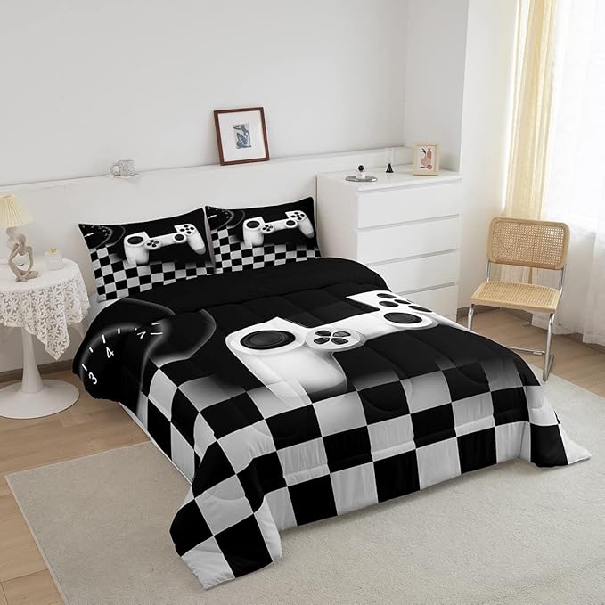 Erosebridal Gaming Alternative Bedding Set for Kids,White Gamepad Design Comforter Set Teenage Boys Room Decor,Buffalo Plaid Check Modern Down Comforter Lightweight Warm,Gamer Decor Duvet Insert Full