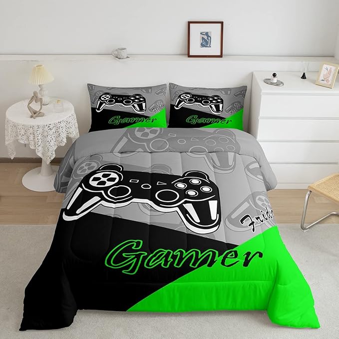 Feelyou Gamer Comforter Set Gaming Bedding Set for Teens Boys Video Game Decor Comforter Game Controller Quilted Duvet Set 1 Comforter with 2 Pillowcases Queen Green
