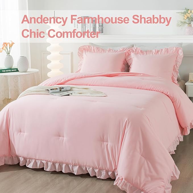 Andency Pink Ruffle Comforter Set Twin, 2 Pieces Kids Comforter Set Twin(66x90Inch), Lightweight Soft Girls Shabby Chic Bedding Comforter Set All Season Bed Set