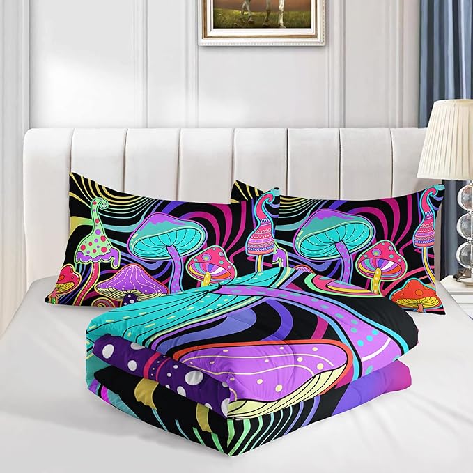 Colorful Mushroom Comforter Set Full Size Kids 3D Mushroom Bedding Set Cute Hippy Theme Quilt Bed Set for Boys Girls Adults with 1 Comforter and 2 Pillowcases