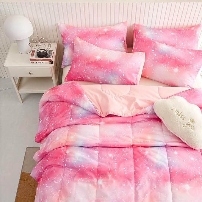 KAKKI Pink Galaxy Queen Comforter Set, 3-Piece, 88"x88"