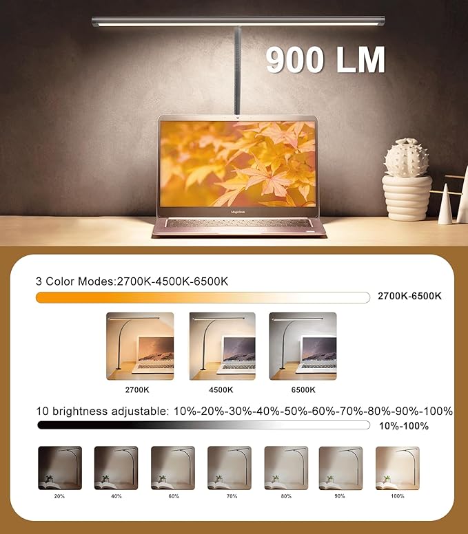 LED Desk Lamp for Home Office, Eye-Caring Computer Desk Light Bar with Adjustable Gooseneck, 12W Desk Lamp with Clamp, Remote Control, 30 Lighting Modes, Ideal for Reading, Studying