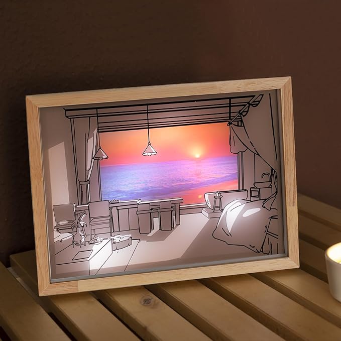 Decorative Lamp on Desk, Warm Seaside Design Desktop Illustration Light, USB Low Power Desk Lamp with Morning/Afternoon/Sunset 3 Modes