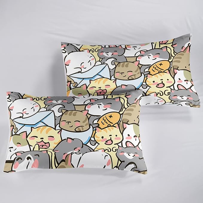 Kawaii Cat Comforter Full Size,Cute Cat Comforter Set for Kids Teens Girls,3Pcs Bedding Set Printed Comforter with 2 Pillowcases,Down Alternative,Soft and Lightweight，Full Size