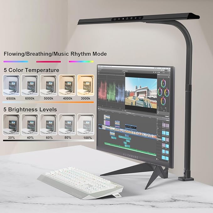 2-in-1 Desk Lamp with RGB Ambient Light, Architect Desk Lamps for Home Office, 5 Color Modes & Brightness Levels, Eye-Caring Flexible Gooseneck Table Light for Monitor Working Reading Gaming