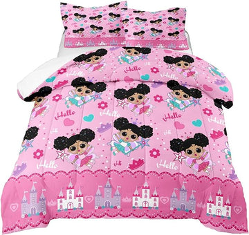 Pink Girls Comforter Sets Full, African American Black Girl Comforter Set Full Size Comforter Sets for Girls Soft Princess Bedding Decor for Girls Bedroom with 1 Comforter 2 Pillowcases
