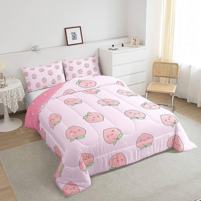 Cartoon Comforter Set King Size Pink Peach Bedding Set Kid Kawaii Down Comforter Girl Lovely Peach Duvet Set Cute Fruits Comforter Tropical Plant Bedding Reversible Soft Lightweight Room Decor