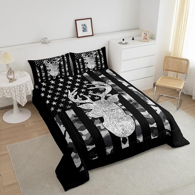 American Flag Bedding Set Deer Camo Comforter Set King for Kids Boys Teen Man,Western Rustic Black Grey Military Camouflage Bedding Comforters Hunting Deer Antlers Quilt Duvet for All Season 3 Pcs