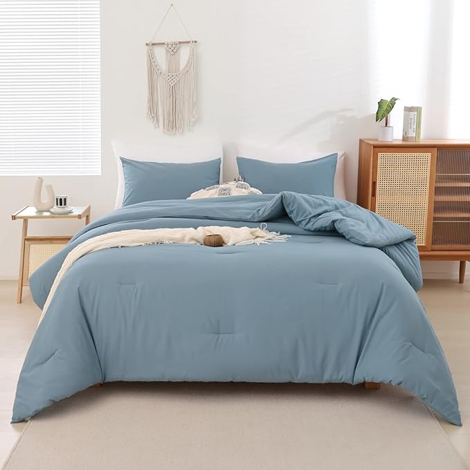 ROSGONIA Dusty Blue Twin Comforter Set for Boys Girls, 1 Boho Blue Comforter & 1 Pillowcase, Lightweight Kids Comforter All Season Dorm Bedding Set