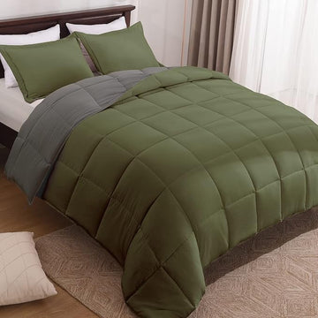 Basic Beyond Twin Comforter Set for Girls and Boys - Fluffy Twin Bed Comforter Set for All Seasons - Reversible Olive Green and Dark Grey Comforter Set - 2 Pcs (1 Comforter + 1 Pillow Sham)