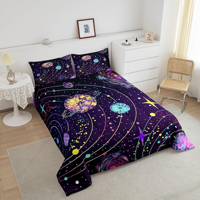 Feelyou Solar System Comforter Set Queen Size Outer Space Comforter for Kids Teens Adults Universe Planets Bedding Set Cute Astronaut Purple Duvet Set Room Decor 3Pcs with 2 Pillow Case