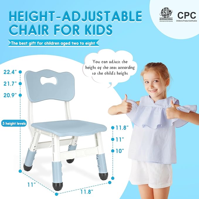 Kids Chair Height Adjustable Toddler Chair Max Load 220LBS Plastic Indoor Outdoor Chair for Children Age 1-6 School Home Daycare Use Bluegrey