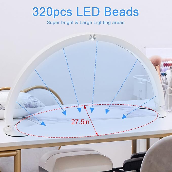 Half Moon Light for Desk, 28.7" Foldable Arch LED Nail Tech Lamp with 7 Color Modes, 10-Level Brightness for Professional Manicure Salon, Tattoo, Eyelash Extensions, Reading- White