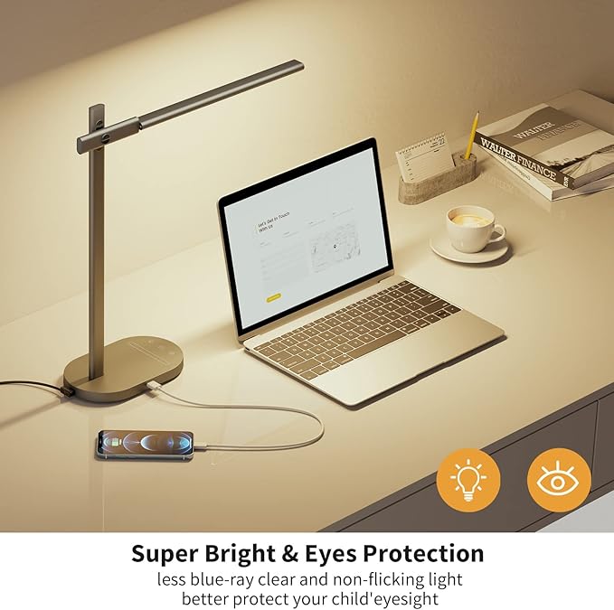 ProtoArc Modern Desk Lamp, Metal Aluminum Alloy Dimmable LED Desk Light with USB Charging Port, Eye-Caring Table Light, Touch Control, 5 Color Modes, 6 Brightness Levels, Timer for Home Office Bedroom