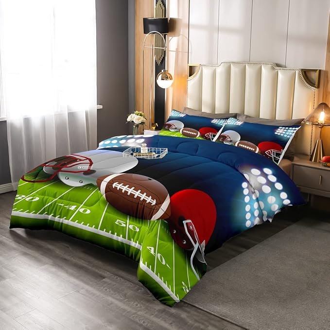 American Football Comforter Set King,Boys Ball Games Sports Bedding Set Football Helmet Field Down Comforter For Kids Teens Sport Theme Bedroom,Soft Microfiber Quilt Duvet Sets With 2 Pillow Cases