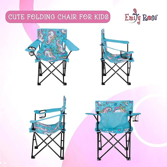 Emily Rose Kids Folding Chair | Beach Chair with Safety Lock- Camping Chair for Boyos Girls Toddler with Cup Holder & Carry Case- Tailgate, Travel, Lawn- for Indoor & Outdoor (Sea Unicorns)