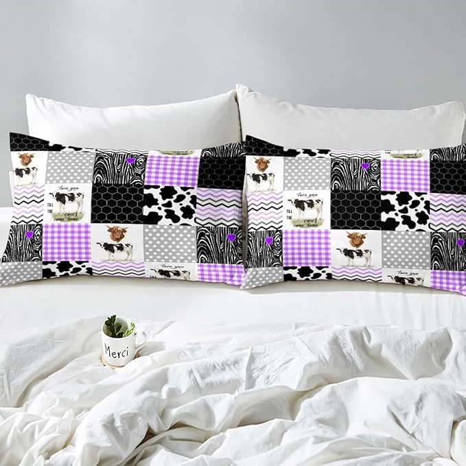 Erosebridal Cute Cow Print Comforter Set King Size Kawaii Highland Cow Bedding Set Bedroom Decor Honeycomb Plaid Pattern Geometric Stripes Down Comforter Farm Animals Duvet Set, Purple Black Grey