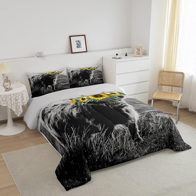 Highland Cow Comforter Set Twin Size Bull Cattle Flower Down Comforter Yellow Sunflower Western Funny Animal Cow Print Quilted Duvet Wild Animal Farmhouse Cow Bedding Comforters, with 1 Pillowcase