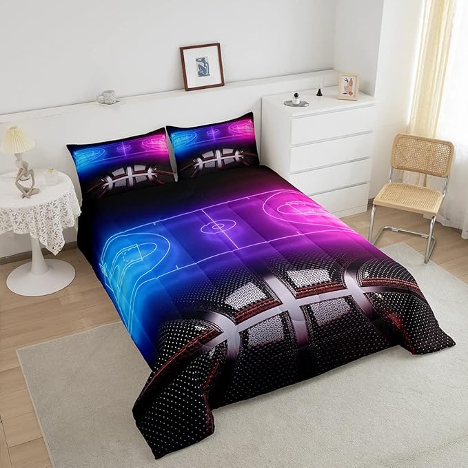 Erosebridal Sports Basketball Queen Comforter Set for Teen Boys Girls Neon Basketball Court Bedding Set,Ball Competitive Games Comforter Soft Lightweight Quilt Duvet Set 2 Pillow Cases Bedroom Decor