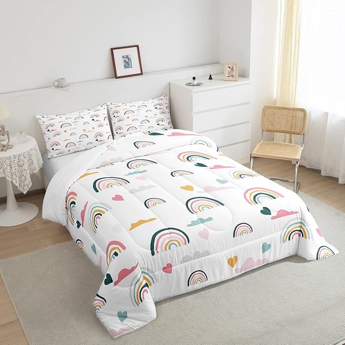 Erosebridal Kids Rainbow Bedding Set, Girly Love Heart Comforter Set Queen Size Cartoon Rainbow Cloud Duvet Sets for Girls Boys Women Bedroom Decor, Soft Microfiber Down Comforter 3 Pieces,Colorful