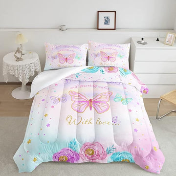 CVHOUSE Butterfly Bedding Set,Butterfly Comforter Queen,Butterfly Comforter Set for Girls Kids Teens,Butterflies Quilt Set with 1 Comforter and 2 Pillow Cases- 3 Piece