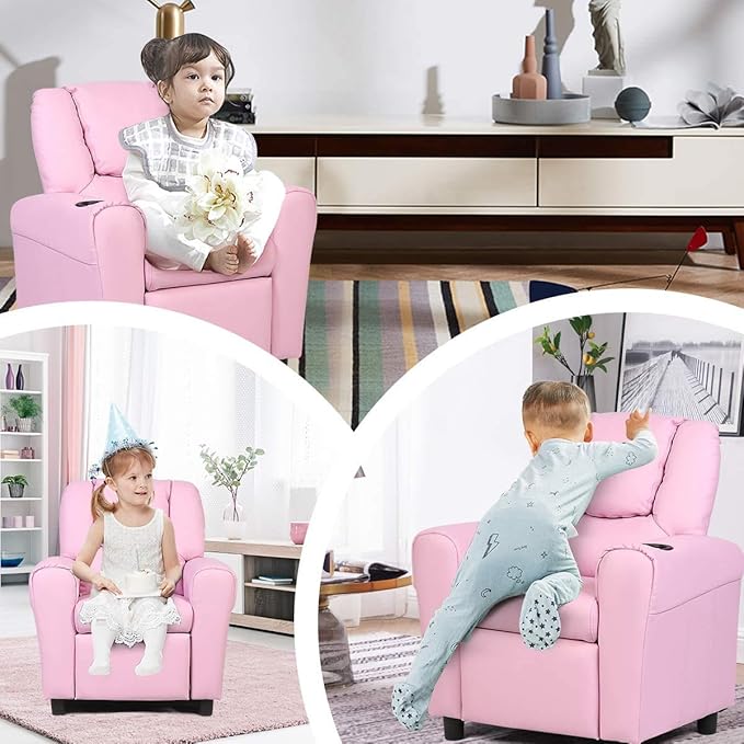 ARLIME Kids Recliner chair, toddler Armchair Upholstered Couch with Cup Holder, Backrest, baby Leather sofa with Headrest and Footrest, Child Furniture for Ages 2-7(Pink)