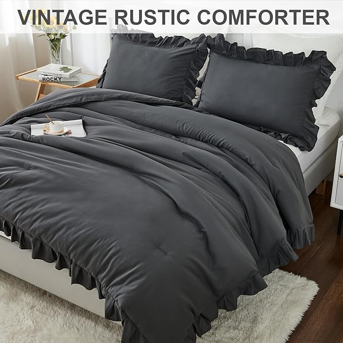 Andency Dark Gray Comforter Set Full, 3 Pieces Full Bed Solid Bedding Comforters & Sets, (1 Ruffle Comforter and 2 Pillowcases) All Season Lightweight Fluffy Soft Microfiber Bedding Set(79x90Inch)
