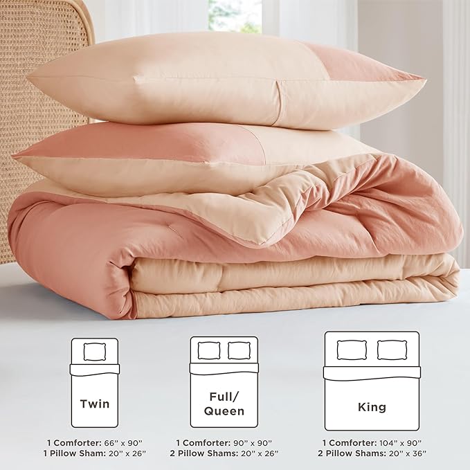 Pink Comforter Set Queen - Full Size Comforter Sets for Women, Modern Farmhouse Soft Bedding, Colorblock Pattern Bed Sets for All Season, 3 Pieces includes 1 Comforter, 2 Shams (90"x 90")