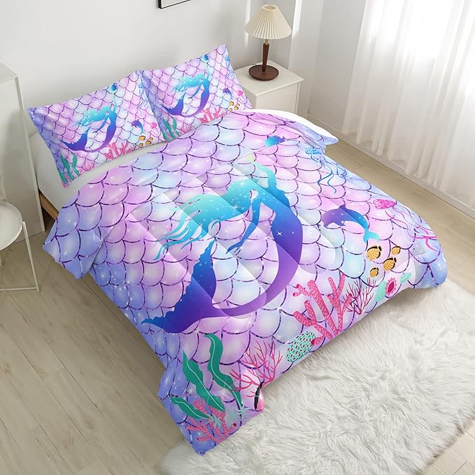 CVHOUSE Mermaid Comforter Set,Rainbow Mermaid Bedding Set for Girls Kids Teens,Rainbow Mermaid Comforter Mermaid Duvet Set Room Decor Quilt Set Full Size