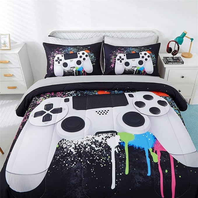 KAKKI 4 Piece Boys Twin Gamer Comforter Set with Sheets, 3D Colorful Video Game Controller Comforter for Kids Teen, All Season Soft Microfiber Gaming Bedding Set(White,Twin)