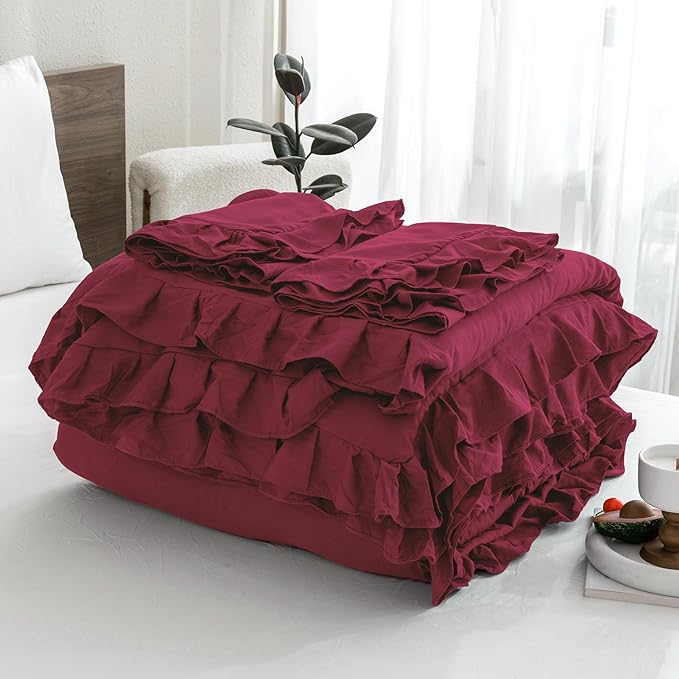 Andency Burgundy California King Comforter Set, 3 Pieces Cal King Ruffle Farmhouse Shabby Chic Comforter, Oversized All Season Lightweight Soft Microfiber Bedding Comforter (104x96Inch)