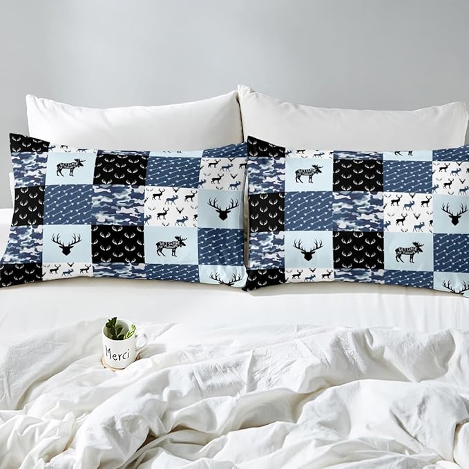 Cute Deer Comforter Set King, Military Camo Bedding Set for Kids Boys Girls Teens Bedroom Tribal Animal Antlers Silhouette Quilted Comforter Checkered Plaid Arrows Bedding Comforters, Army Blue&White